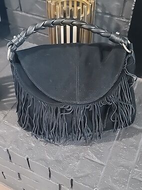 Black Suede Fringe Hobo Bag - Classic Boho Style